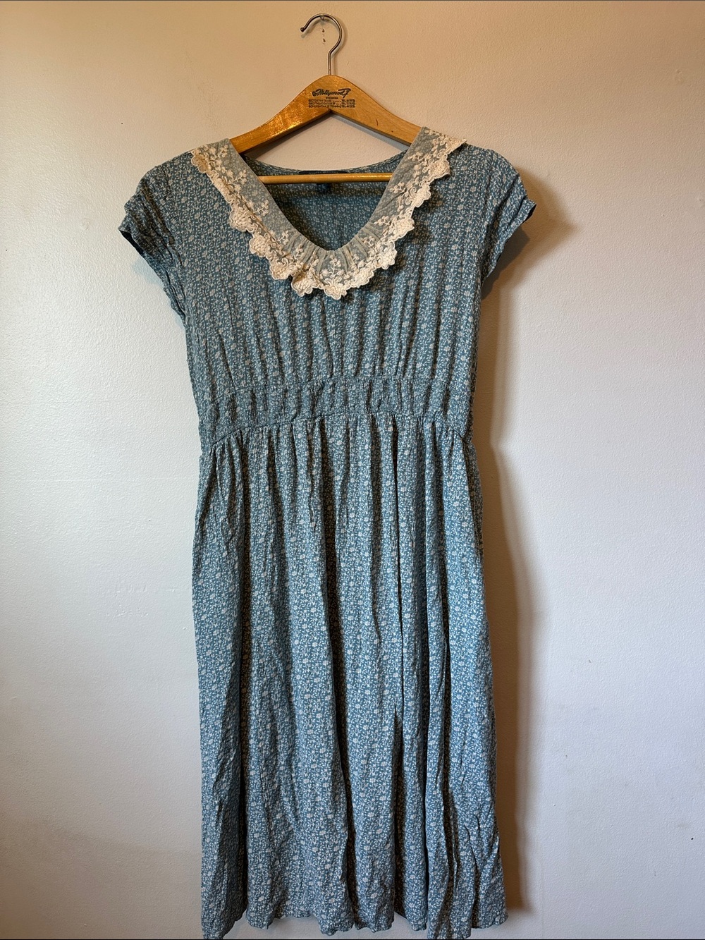 April Cornell Vintage Style Blue Floral Midi Dress Lace Collar XL Cottagecore